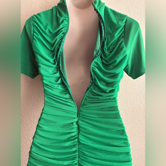 Elegant Stand Collar Green Bodycon Ruched Dress L - Picture 10 of 13